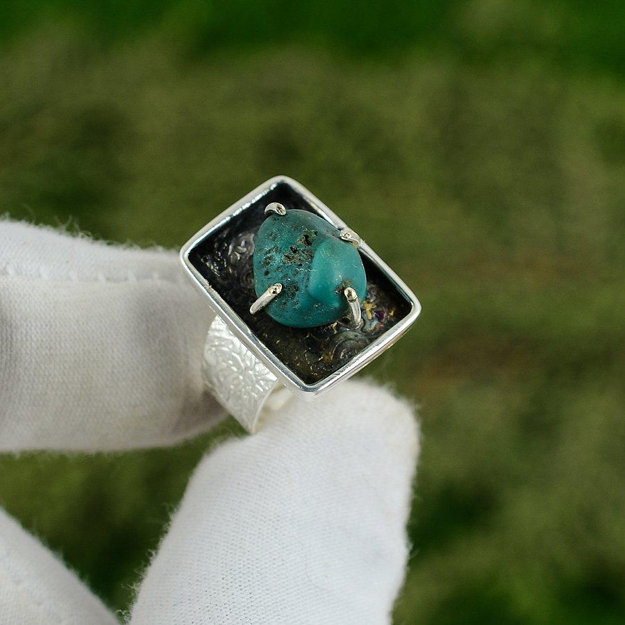 Натуральный Зеленый Камень Необработанный Самоцвет Кольцо для Обещания Регулируемое 925 Стерлинговое Серебро Adjustable