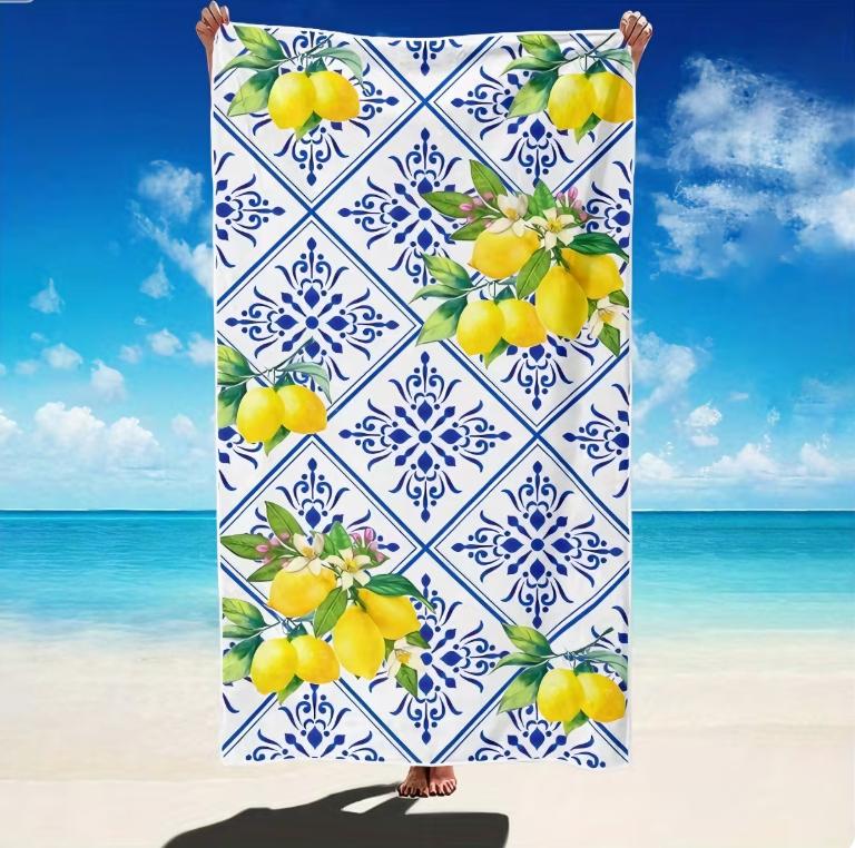 Mediterranean Lemon Print Beach Towel, Microfiber Large Sand Free Quick Dry, Blue Tile Pattern, Soft Absorbent Beach Towel