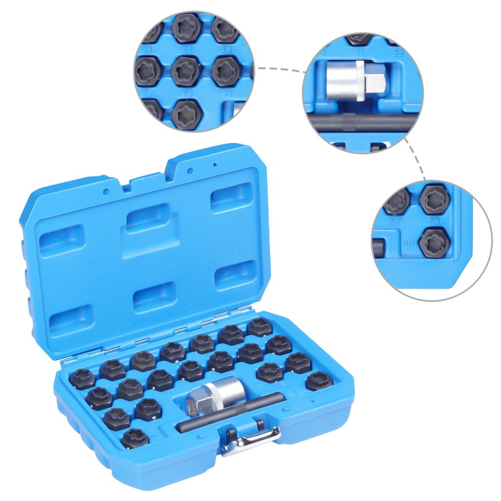 1/2" Drive Cr-Mo Steel Anti-Theft Lug Nut Key Set, 22pcs Wheel Lock Removal Tool - Time-Saving Car Repair Kit Fit All BMW Models