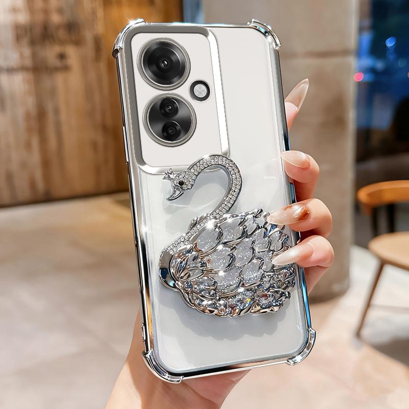 KEYSION Shockproof Plating Phone Case for OPPO Reno11 F 5G Clear TPU Glitter Jewelled Swan Kickstand Back Cover for OPPO Reno11F 5G