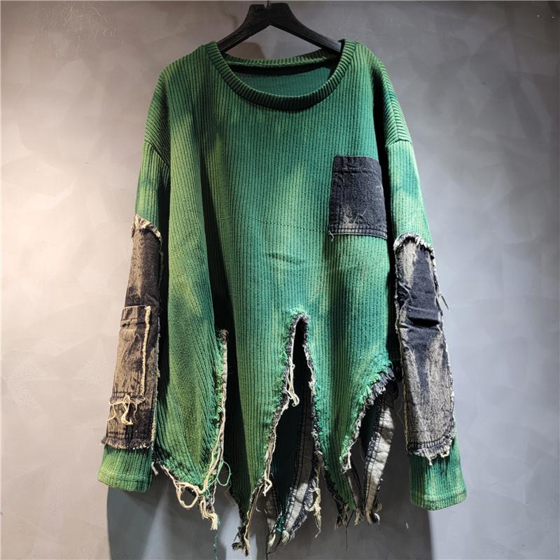 Women's Fall/Winter Unique Patchwork Asymmetric Sweater Retro Distressed Tie-Dye Long-Sleeve Knit Sweater