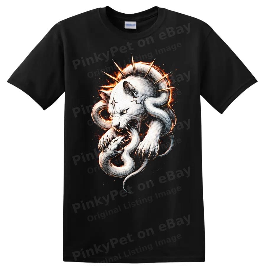 White Tiger W/ Snake Fire Design Graphic T Shirt Cool Animal Tee