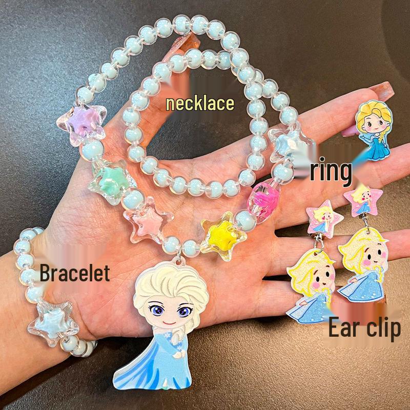 Children's Mermaid Jewelry Set: Necklace, Bracelet, Ear Clips, Rings - Cute Princess Design