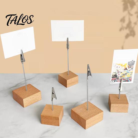 Wooden Bill Fork Cube Memo Clip Stand, Note Display Solid Wood Square Base Office Document Stand Card Holder, Vertical Receipt Holder for Wedding