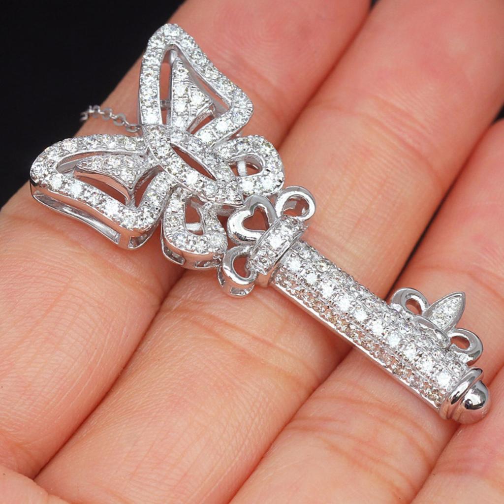 Full Paved Hollow Butterfly Top Key Shaped Pendant Women Cable Chain Clavicle Necklace