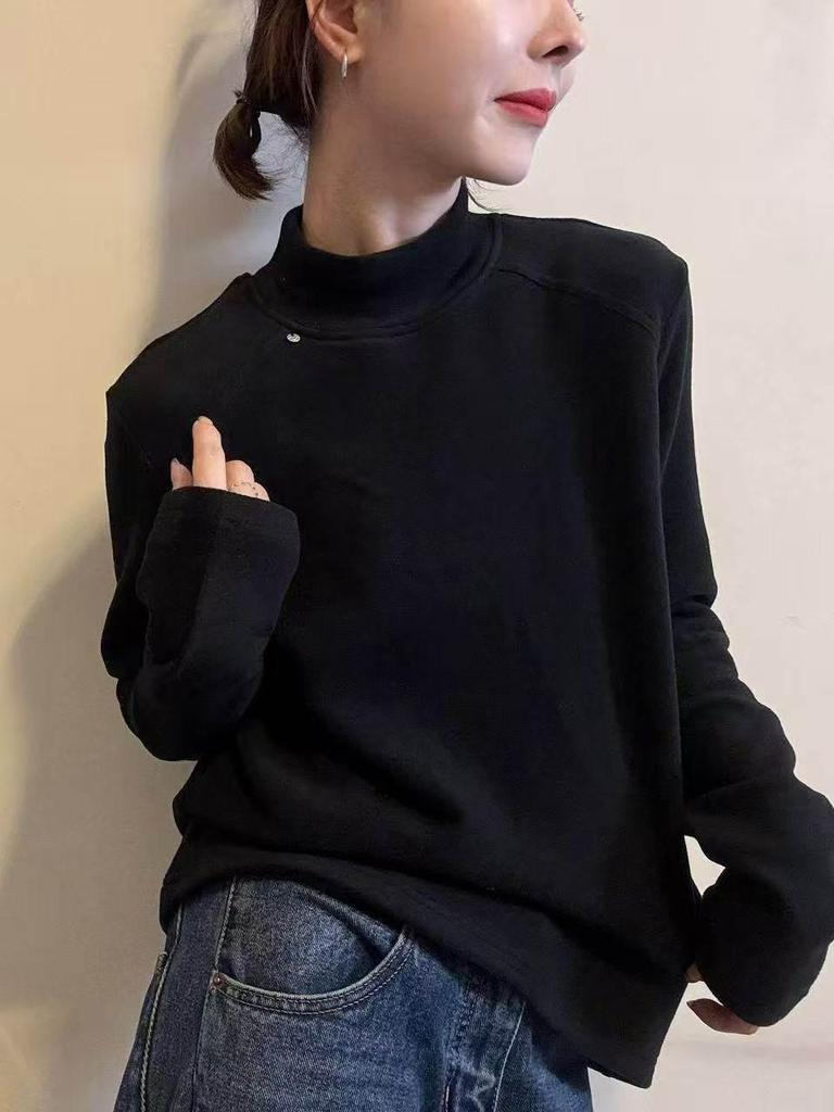 2025 Korean Chic Thermal Fleece Mock Neck Slimming Long Sleeve Women's T-shirt - Spring/Autumn