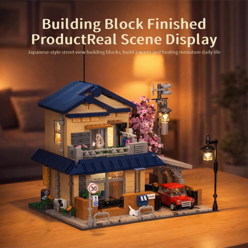 1935Pcs Cherry Blossom Villa Street Scene With Lights Building Blocks Set, House Assembly Toy, Desktop Ornament, Birthday Gift
