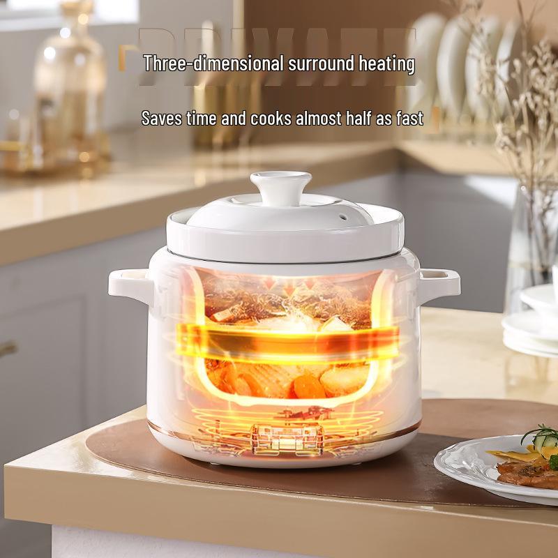 Plně automatický multifunkční elektrický pomalý hrnec s bílým keramickým a fialovým hliněným hrncem