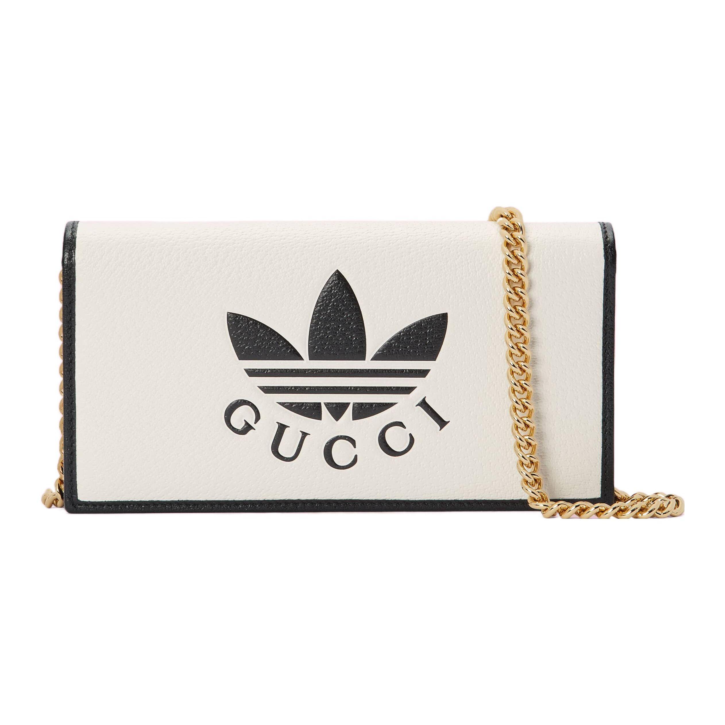 

Gucci X Adidas Trefoil Logo Leather Chain Wallet Bag White Black Gold Hardware Crossbody Clutch for Women Daily Commute 621892-UZ3BG-8847 Gift Set(Basic Set+Box+Shopping Bag)