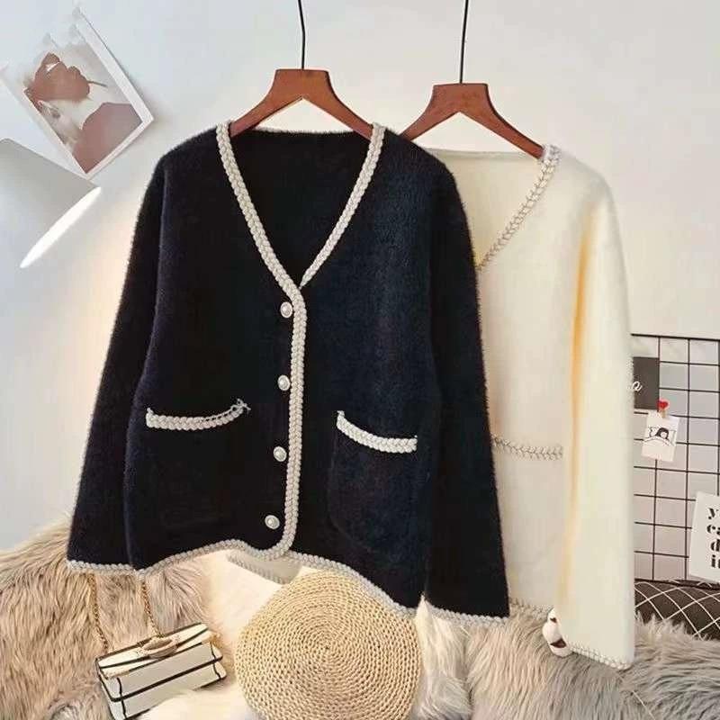 Imitation mink fleece neck sweater cardigan autumn and winter clothing small man wearing knitted coat women