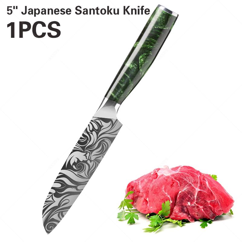Stainless Steel Santok Knife Exquisite Laser Cut Meat Cutting Fruit and Vegetable Knife Green Resin Handle Household Kitchen Knife