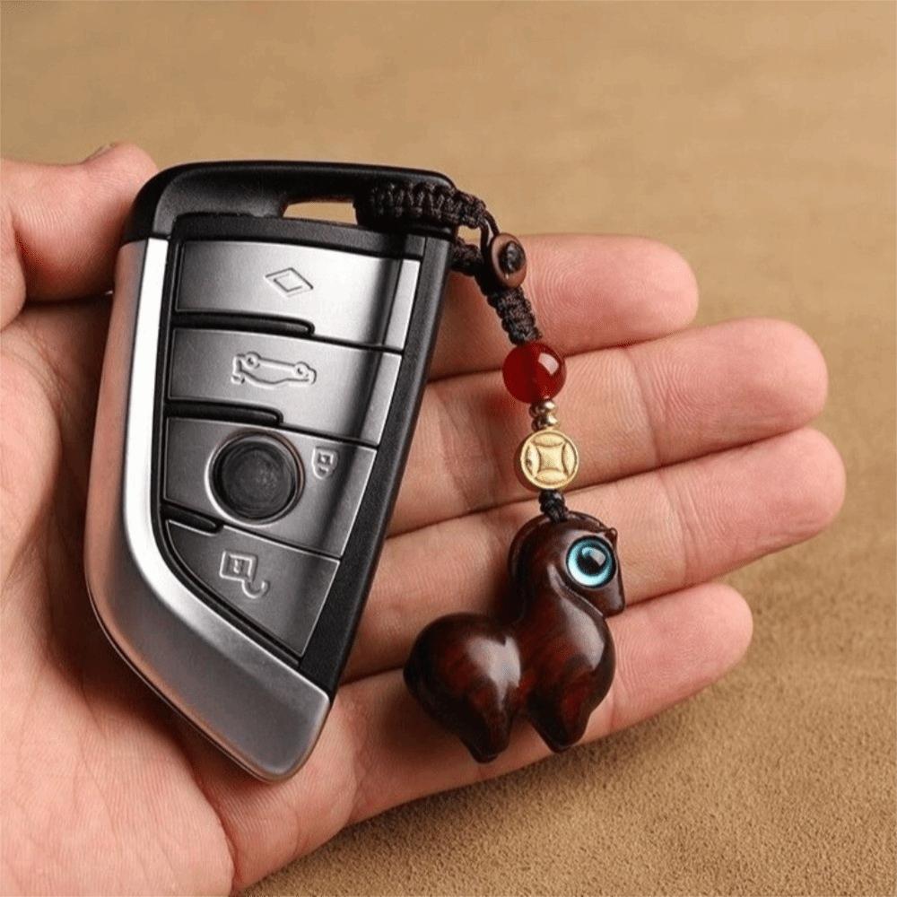 Pendentif de Sac Dessin Animé Bois de Santal Style Chinois Porte-Clés Cheval Mignon Unisexe