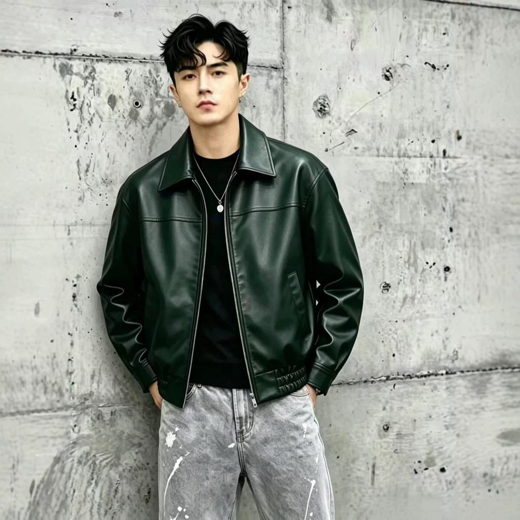 New men's leather jacket lapel motorcycle jacket leather jacket men's loose leave-in teen men's clothing