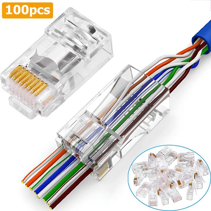 100pcs Cat6 Cat6e Cat5e RJ45 Connector Module Plug 1000Mbps Ethernet Cables Adapter Gold Plated Network Perforated Crystal Head