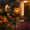 Jack-o-lantern Solar Lights Halloween Garden Stake Light, Soft Warm Jack-o-Lantern, Moon Cat Amber Silhouette Outdoor Pathway Decor, Waterproof Metal