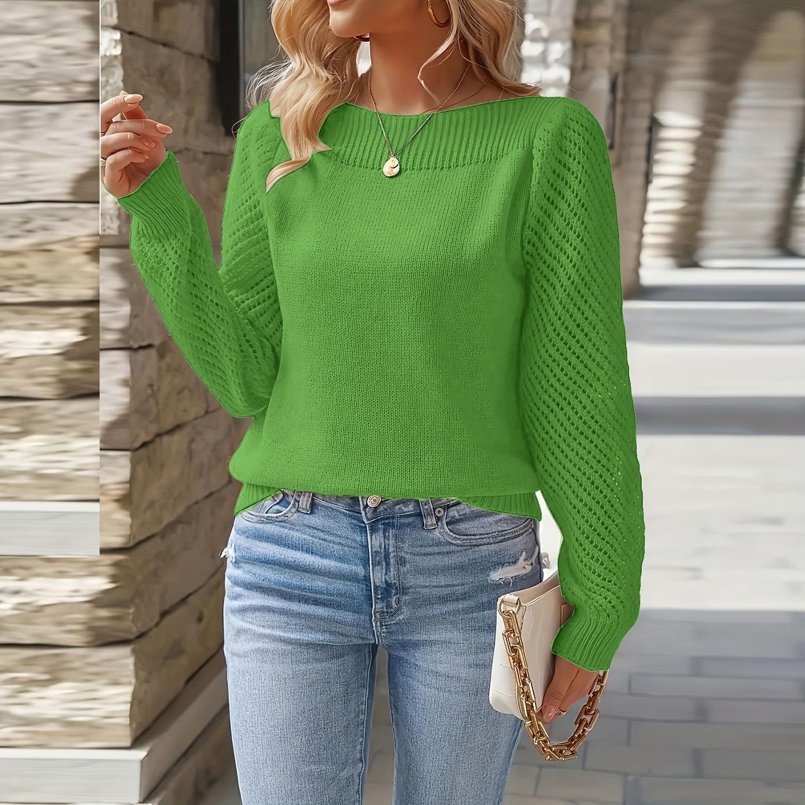 Women s Fashionable Casual Openwork Long-Sleeved Off-the-Shoulder Pullover Knit Top L