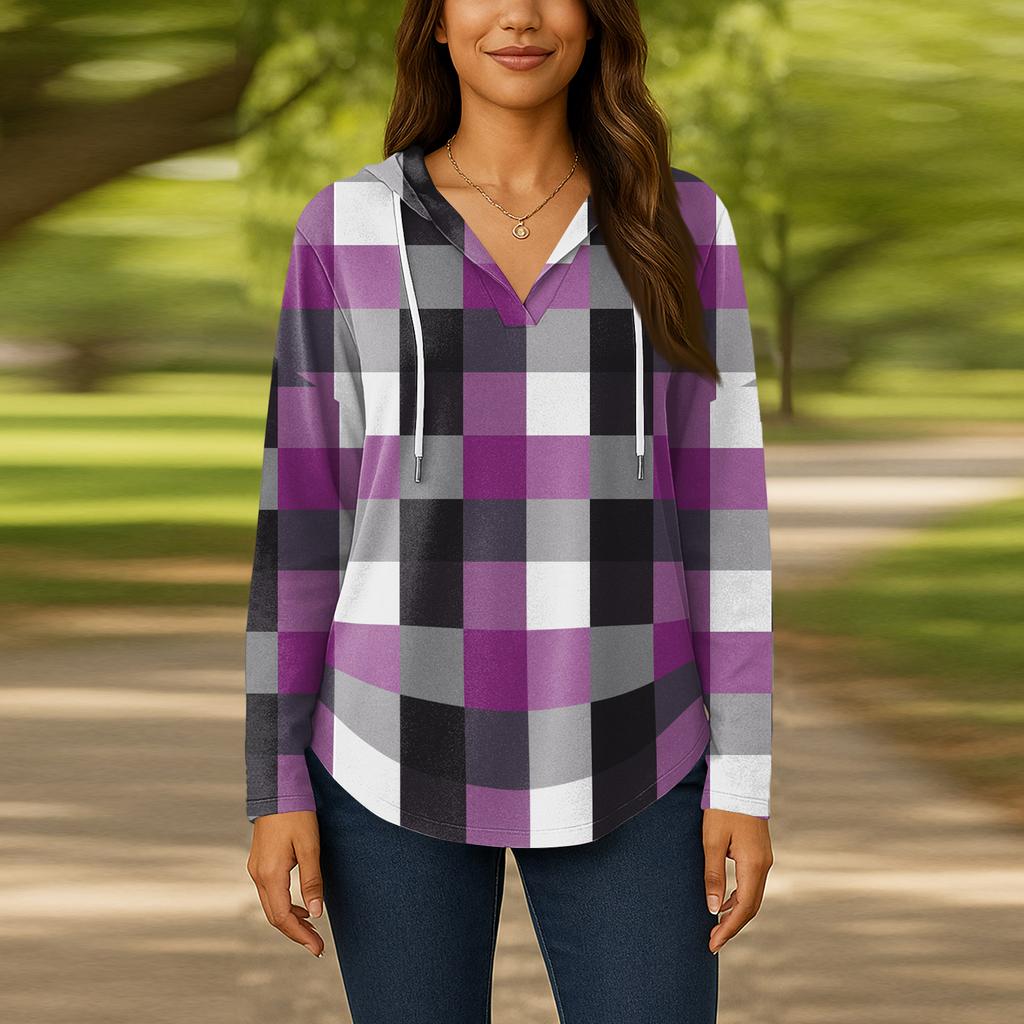 Damenmode Kapuzenpullover V-Ausschnitt Langarm Geblümter Kordelzug Lässig Locker Pullover Tops