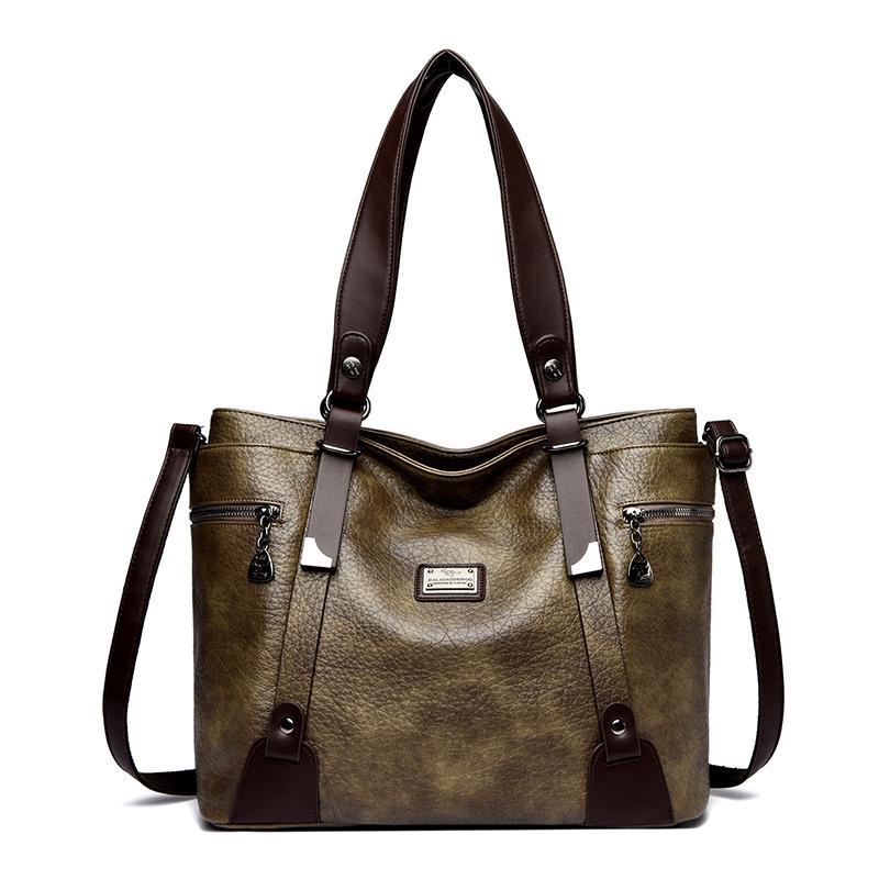 Women Vintage Faux Leather Tote Shoulder Bag, Large Capacity Commute Handbag with Detachable Crossbody Strap, Multi Zipper Pockets Retro Daily Travel