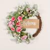 Artificial White Peony Wreath with Welcome Sign Farmhouse Wedding Spring Door Hanging Decor Realistic Flower Garland