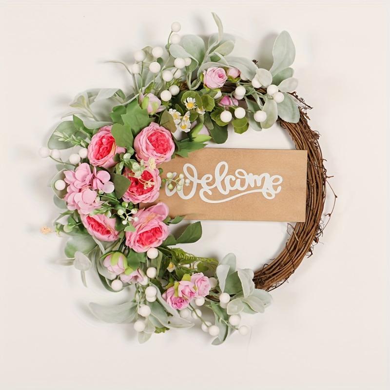 Artificial White Peony Wreath with Welcome Sign Farmhouse Wedding Spring Door Hanging Decor Realistic Flower Garland