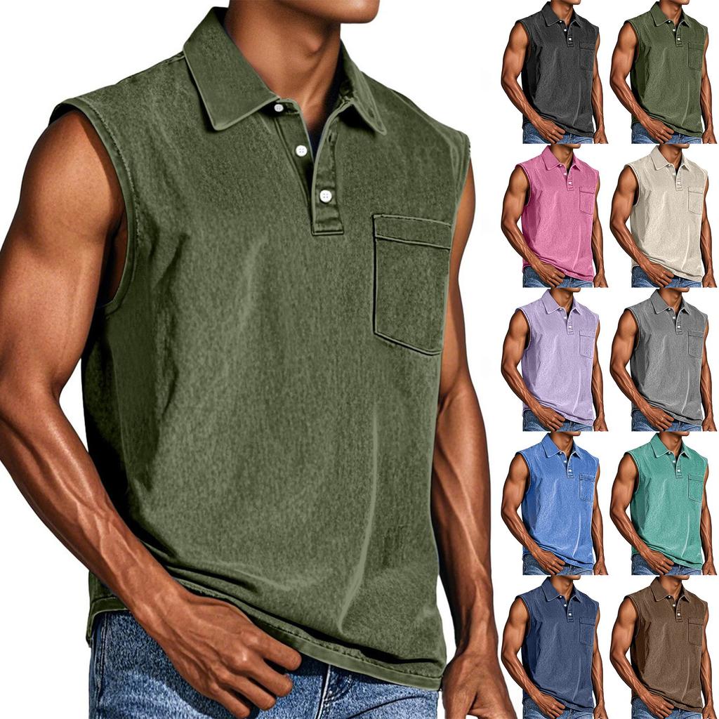 Men's Summer Solid Color Sports Pocket Buttons Lapel Vest Men's Sports Casual Vest