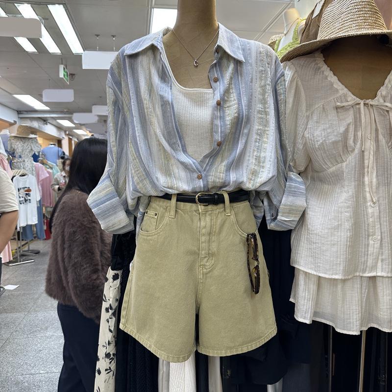 

2024 Корейская полосатая рубашка-кардиган от солнца с лацканами Дондэмун - Свободный, повседневный, универсальный летний стиль S