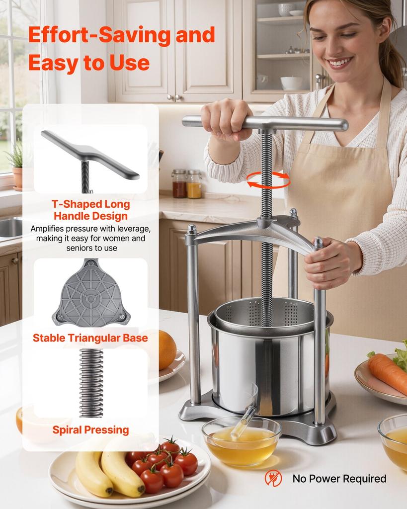 Fruit Wine Press, 1.6 Gallon/6L, Stainless Steel Manual Juice Maker with Powerful T-Shaped Handle, Juice Making for Apple/Grape/Orange/Berry,