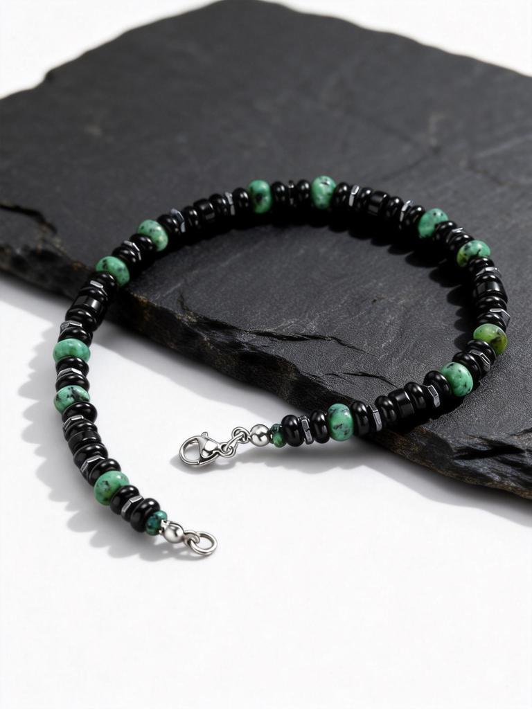 Boho kotníkový náramek s korálky pro muže i ženy, Nerezová ocel stříbrná barva Černý lávový kámen Africké tyrkysové korálky, Letní plážové šperky