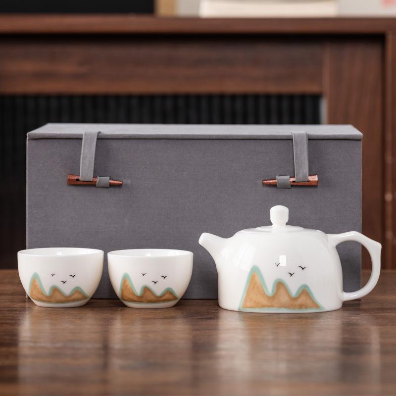 Beam Pot One Pot and Two Cups Suet Jade Porcelain Light Luxury Kung Fu Tea Set Kuaike Cup High-end Brocade Box Gift Box