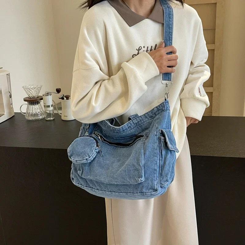 2026 Nuove Borse a Tracolla Colore Solido Semplicità Giovanile Borse da Donna Casual Denim Zip Filo di Cucitura Borse a Spalla