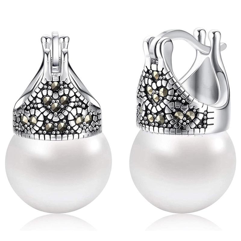 Antique Silver Plated Hollow Marcasite Inlaid Large Round White Imitation Pearl Clip on Earrings Banquet Ladies Accessories