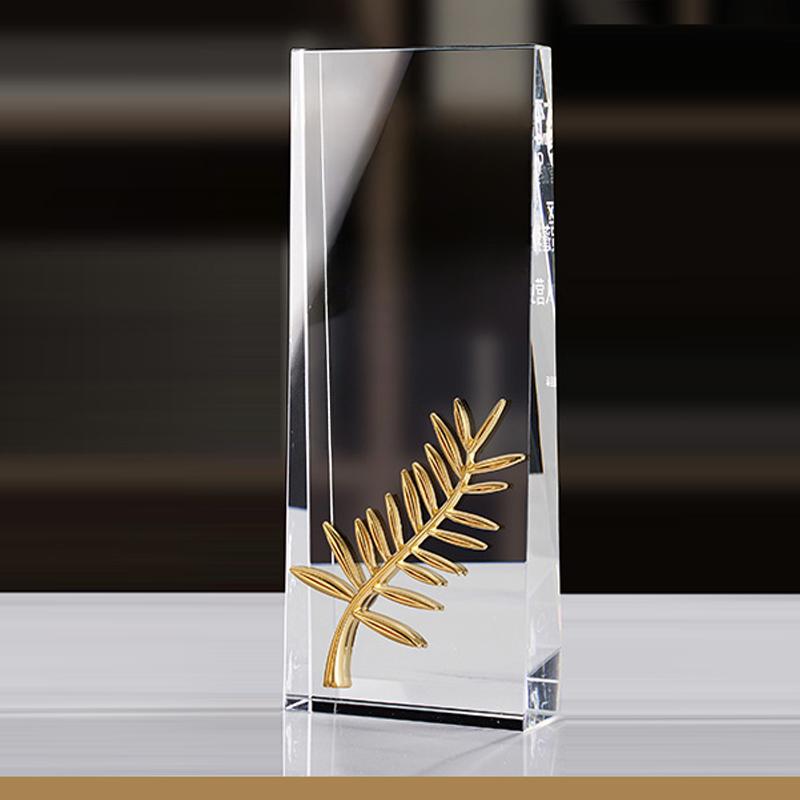 Metal Golden Leaf Shaped Transparent Crystal Trophy, Customized Lettering Color Printing Award, Home Desk Decoration, 1Pc