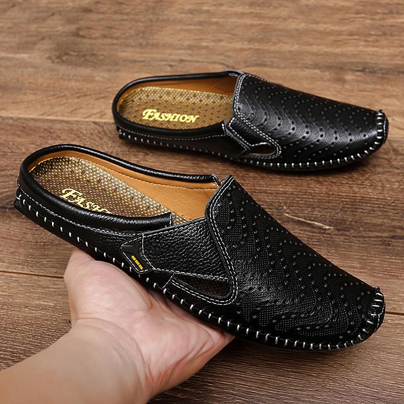 Fashion New Genuine Leather Men's Slippers Summer Breathable Casual Mules Light Half Shoes For Men Outdoor Anti-slip Driving Loafers Man