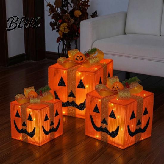 Handmade Pumpkin Face Props 3Pcs Lighted Halloween Gift Boxes Spooky Glowing Outdoor Doorway Landscaping Presents Box Warm Light Holiday Ornament