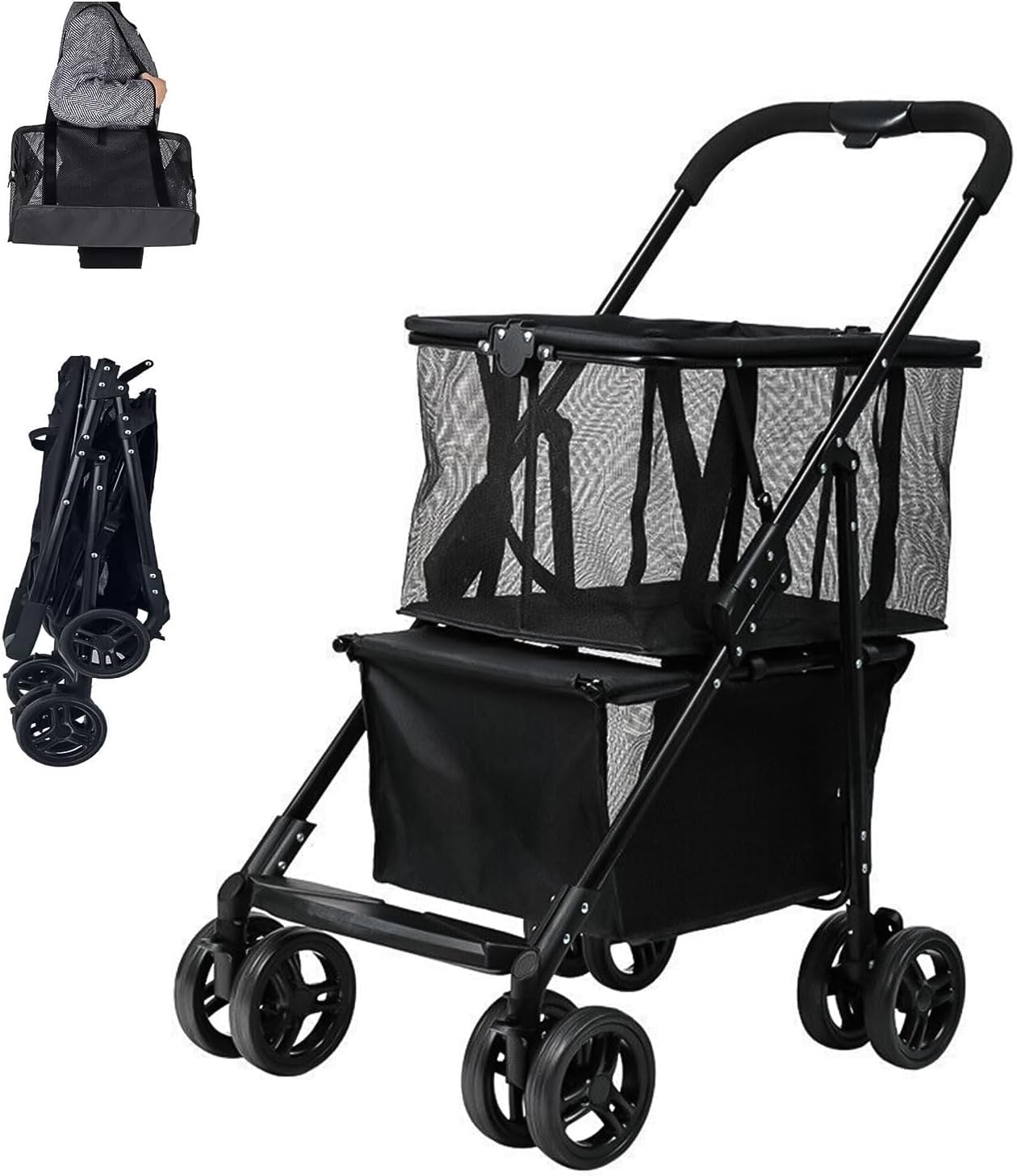 

Hopeholic Складная тележка для покупок 4 Большие Можно использовать с корзиной Тормоз для покупок 2 яруса Отличный подарок ко Дню пожилых Тележка, Колеса, Вместимость, чёрный