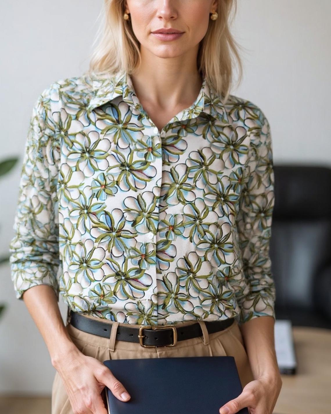 

Европейская и американская женская шифоновая рубашка с принтом, с длинным рукавом и отложным воротником, весна/осень 2025 Medium