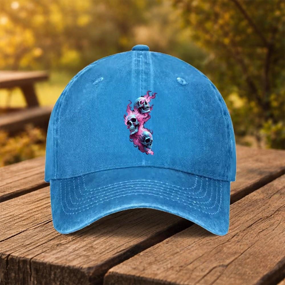 Pink Flame Skull Print Washed Baseball Cap Adjustable Distressed Cotton Outdoor Sports Hat