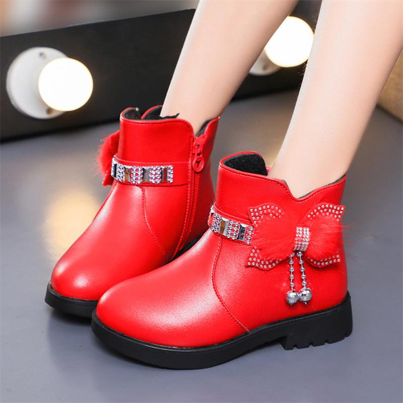 Winter New Children's Shoes Girl Mid Length Warm Leather Boots Baby Bow Cute Plush Student Cotton Boots