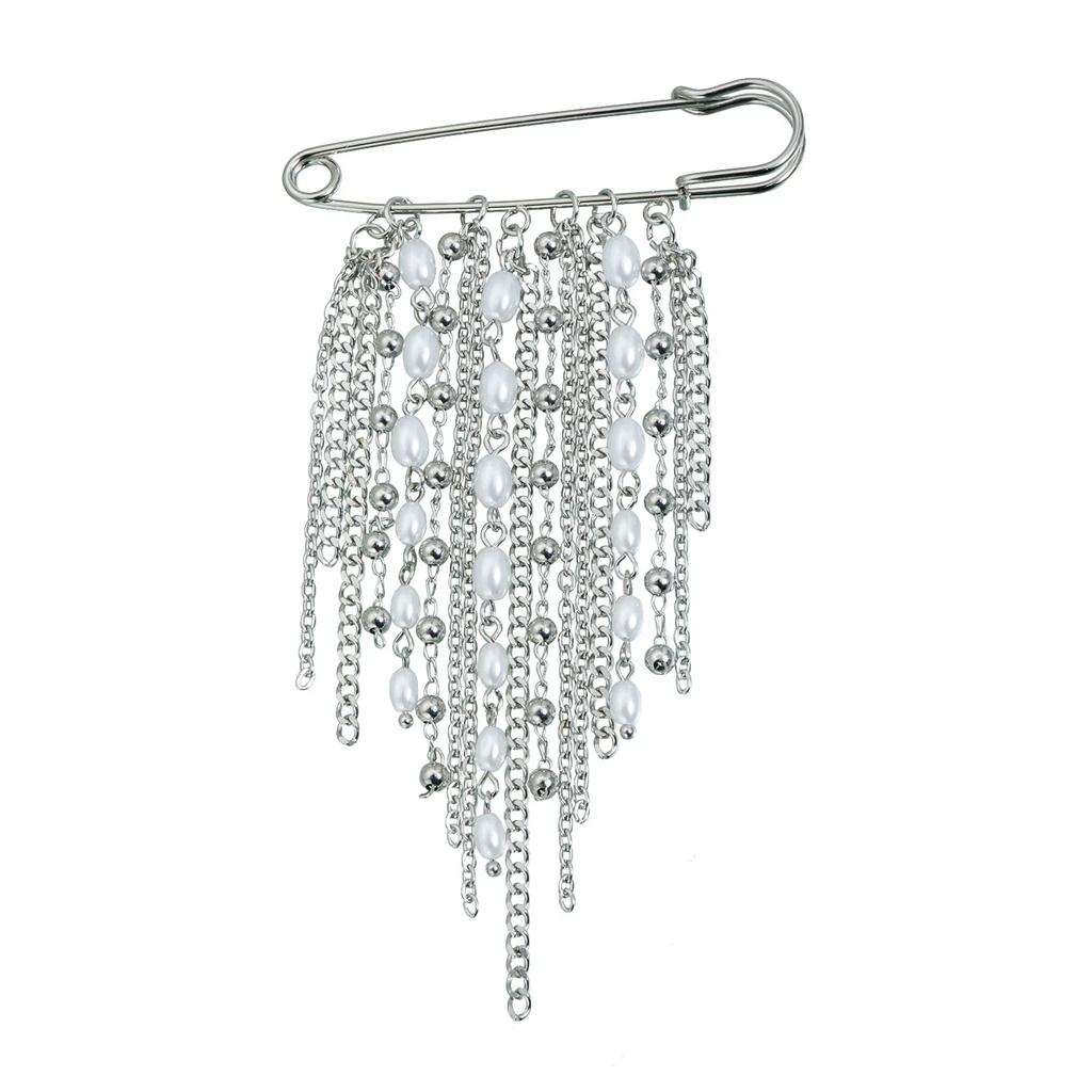 Hip Hop Trendy Imitation Pearl Tassel Chain Brooches for Men Women Waist-shaping Fixed Pin Accessory Multi-functional Jewelry