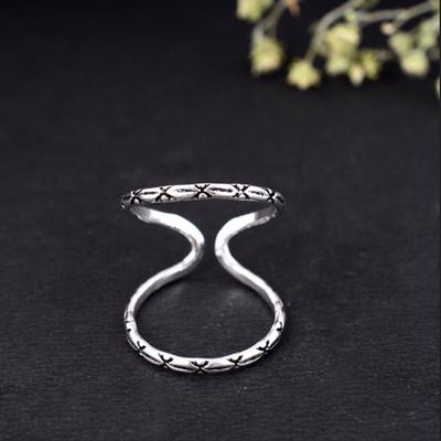 Silver X-Pattern Double Band Ring | Wide Adjustable Knuckle Ring | Oxidized Boho Statement Ring | Open Mid-Finger Splint Jewelry