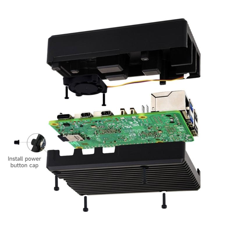 Aluminum Case Stripe Grooved Surfaces for RPi 5 Metal Enclosure with Built-In Cooling Fan Heatsink Pad