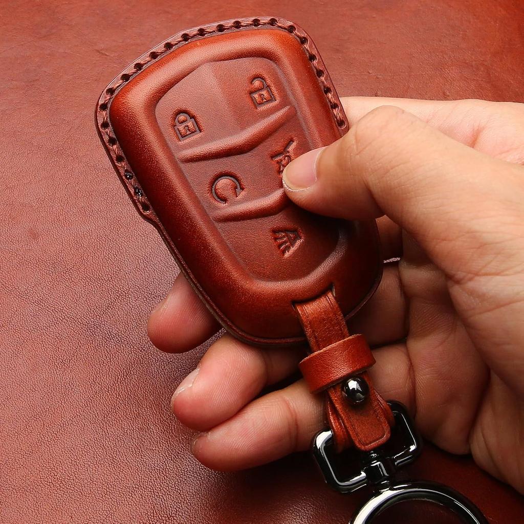 Tukellen for Cadillac Leather Key Fob Cover with Keychain Leather Key Case Key Shell 360 Degree Full Protection Compatible with Cadillac Escalade CTS