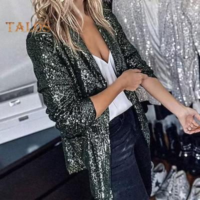Women Casual Cardigan Lapel Long Sleeve Open Front Suit Coat Shiny Sequins Solid Color Loose Fit Jacket Clubwear