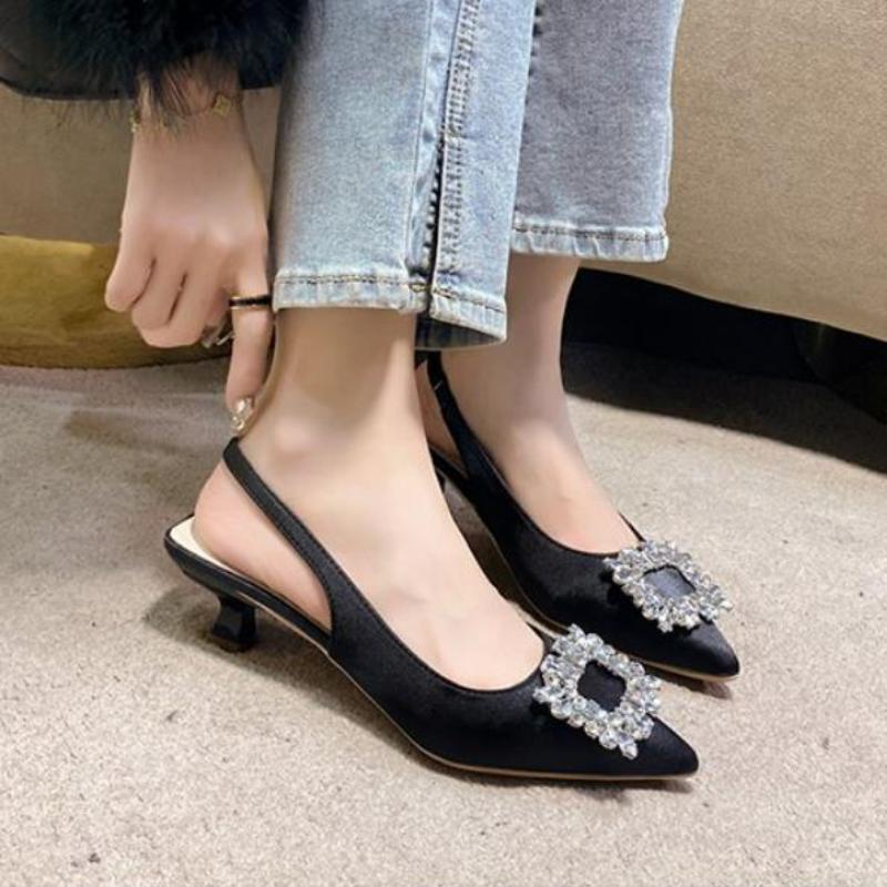 Fashion Summer Women Sandals New Women's Shoes Pointed Toe Shallow Nude Pink Diamond Shoes Low Heel Back Strappy Shoes Women Dress Shoes
