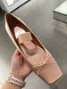 Sheepskin French Retro Square Head Flat Shoes Ballet Single Shoes Women's Word with Bow Light Mouth Mary Jane Shoes