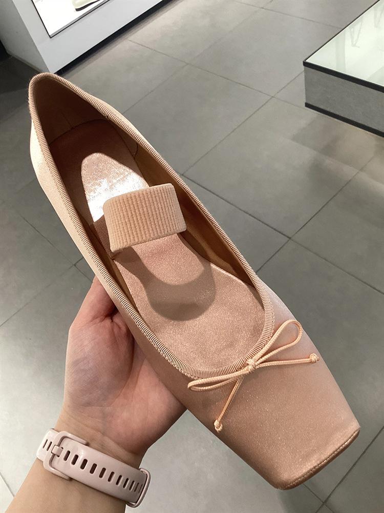 Sheepskin French Retro Square Head Flat Shoes Ballet Single Shoes Women's Word with Bow Light Mouth Mary Jane Shoes