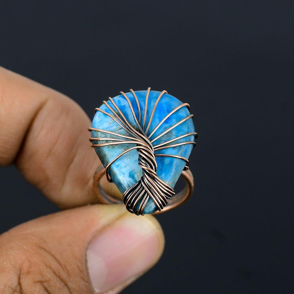Tree Of Life Neon Blue Apatite Gemstone Copper Wire Wrapped Handmade Jewelry Ring For Her