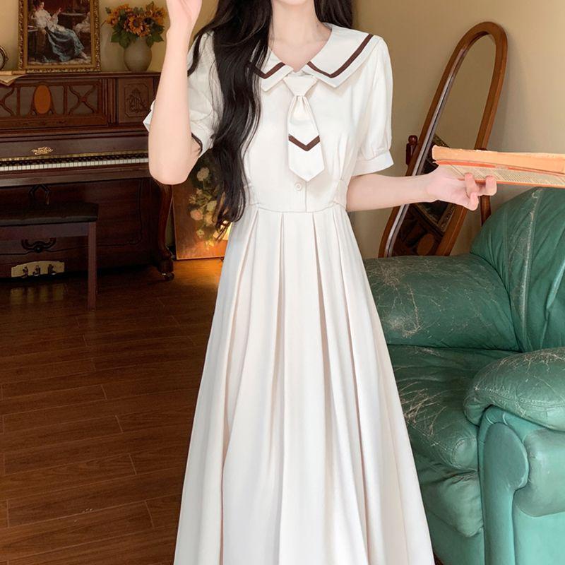 

Women s Plus Size Japanese-Style Pleated Dress with Doll Collar, Waist-Cinching Tie, and Long Skirt - Summer Collection S (80-90 jin)