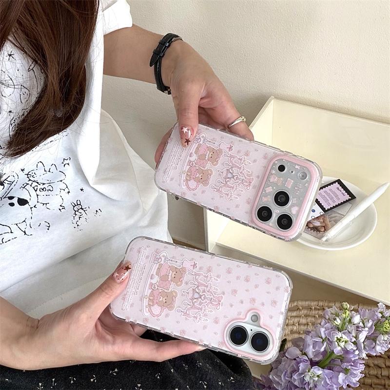 Cute Kawaii Pink Plaid Teddy Bear Phone Case For iPhone 16 15 14 13 Glitter Chandelier Print Protective Cover for Girls