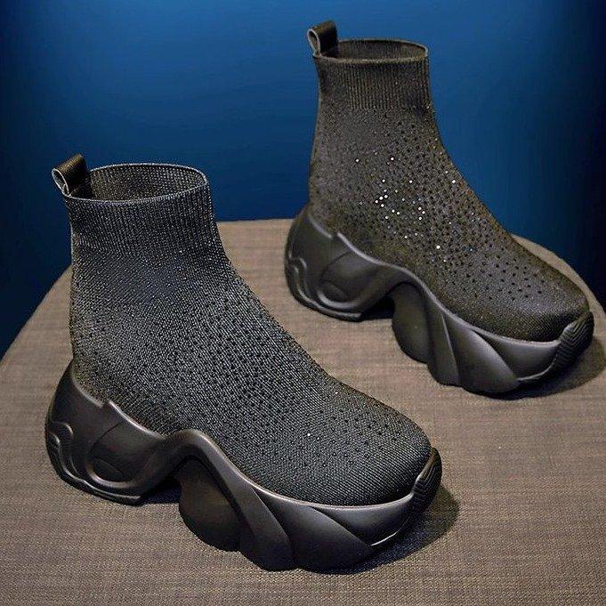 Hot Selling Knitted Socks Boots for Women 2025 Autumn Thick Soled Rhinestone Knitting Shoes Casual Inner Increase Elastic Boots